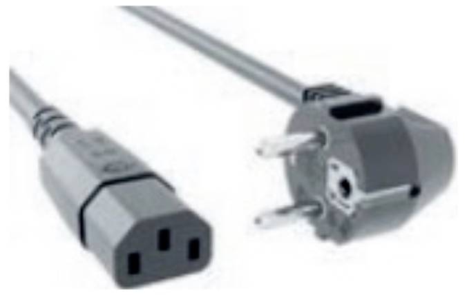 Europäisches Stromkabel mit einem dreipoligen Stecker an einem Ende und einer dreipoligen Buchse am anderen Ende, das zum Anschluss elektronischer Geräte verwendet wird.