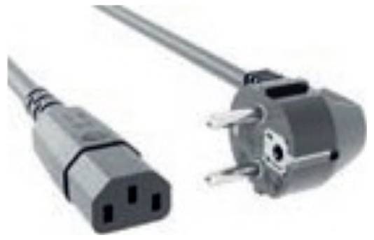 Ein Stromkabel mit einem C13-Stecker auf der linken Seite und einem Schuko-Stecker auf der rechten Seite, das zum Anschluss elektronischer Geräte an Stromquellen verwendet wird.