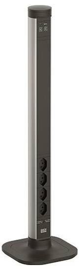 Ein vertikales Steckerleisten-System mit schwarzer Basis, das vier Elektrosteckdosen und zwei USB-Anschlüsse auf einer eleganten silbernen Säule bietet.