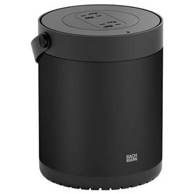 Eine schwarze zylindrische Steckdose mit USB-Anschlüssen oben, mit der Bezeichnung „Bachmann".