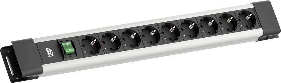 Eine Steckerleiste mit acht Steckdosen und einem beleuchteten Ein-/Ausschalter. Die Leiste ist silberfarben mit schwarzen Enden und für elektrische Geräte konzipiert.