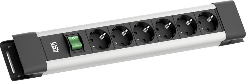 Mehrfachsteckdose „Bachmann" in Silber mit schwarzen Akzenten und sechs Steckdosen, ausgestattet mit einem grünen Ein-/Ausschalter.