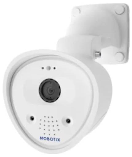Eine weiße Überwachungskamera, die auf einer Wandhalterung montiert ist. Sie verfügt über ein zentrales Objektiv, mehrere Sensoren und den Markennamen "Mobotix" auf der Vorderseite.