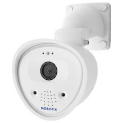 Eine weiße Überwachungskamera, die auf einer Wandhalterung montiert ist. Sie verfügt über ein zentrales Objektiv, mehrere Sensoren und den Markennamen "Mobotix" auf der Vorderseite.