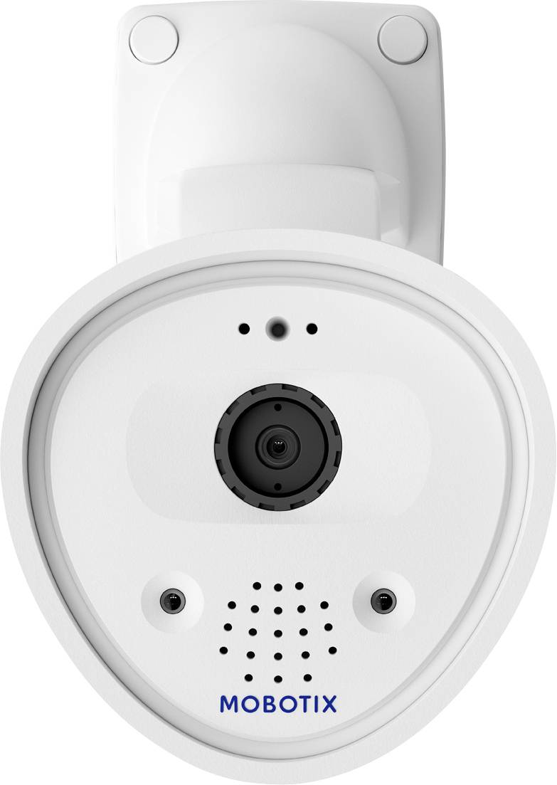 Eine weiße MOBOTIX-Überwachungskamera mit Linse und Sensoren an der Vorderseite, entwickelt für Überwachung.