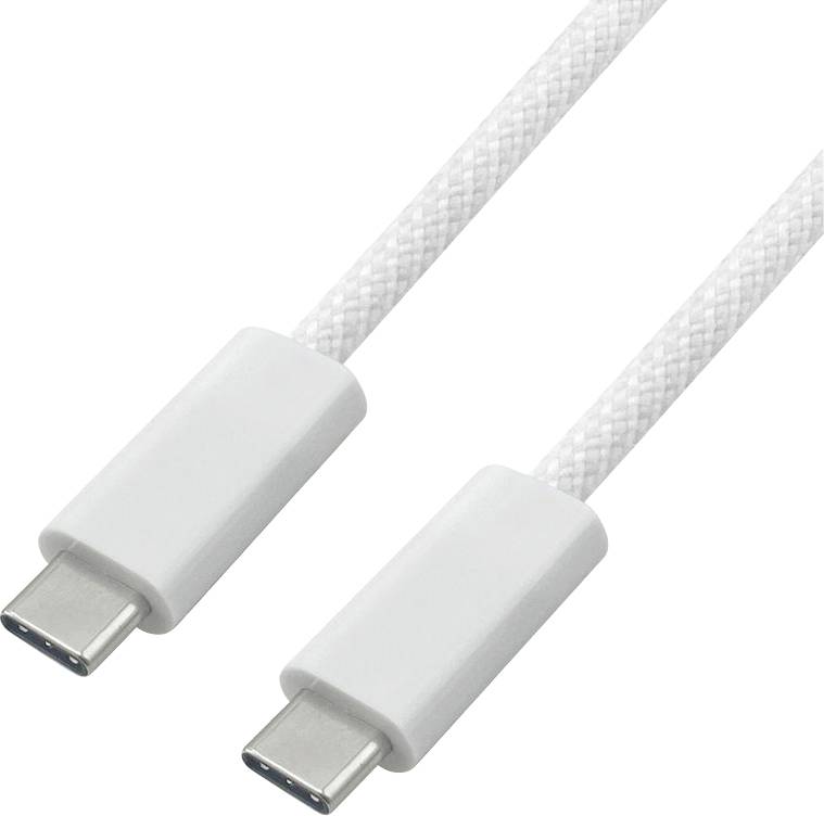 Ein weißes, geflochtenes USB-C-zu-USB-C-Kabel, das mit beiden Enden sichtbar gezeigt wird, wird zum Laden und zur Datenübertragung zwischen kompatiblen Geräten verwendet.