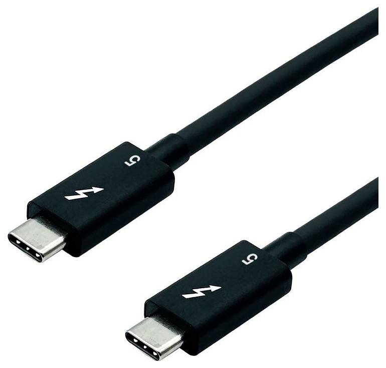 Zwei schwarze USB-C-Thunderbolt-3-Kabel mit Blitzsymbolen und „5"-Markierungen, die beide Steckerenden auf weißem Hintergrund zeigen.