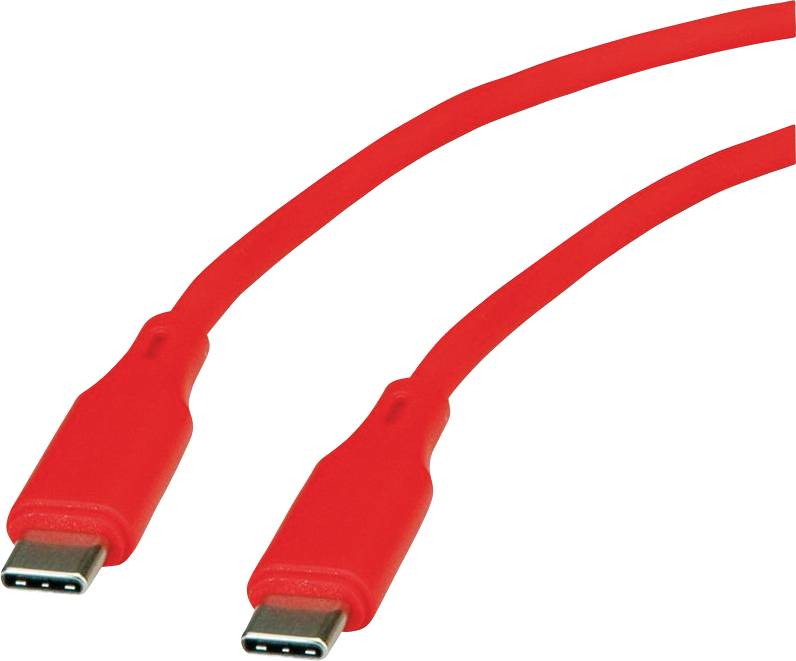 Zwei rote USB-C-Kabel werden nebeneinander vor weißem Hintergrund gezeigt, wobei ihre Anschlüsse hervorgehoben werden.