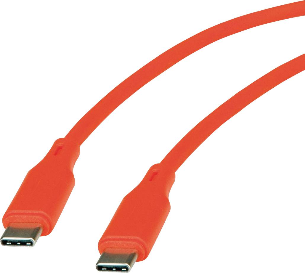'Zwei orangefarbene USB-C-Kabel mit nach außen gerichteten Steckern.'