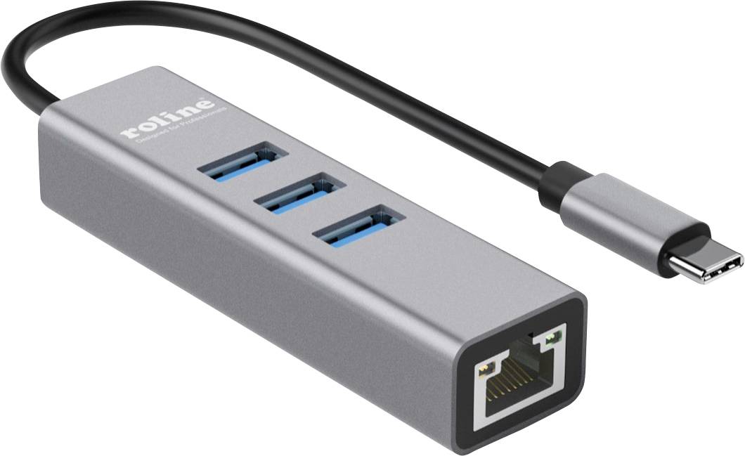 Ein USB-C-zu-Ethernet- und USB-A-Hub mit drei USB 3.0-Anschlüssen und einem Ethernet-Anschluss, der ein kompaktes, tragbares Design zeigt.