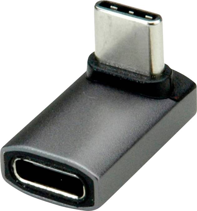 Ein schwarzer USB-C-zu-USB-C-Adapter mit einem Steckverbinder auf der einen Seite und einem Buchsenport auf der anderen Seite.