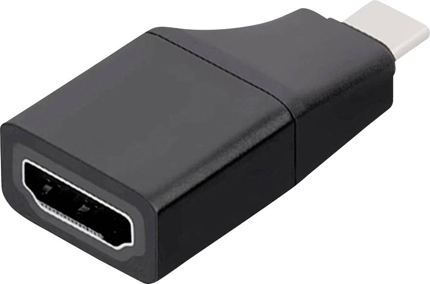 Ein schwarzer USB-C-zu-HDMI-Adapter, der verwendet wird, um Geräte mit USB-C-Anschlüssen mit HDMI-Displays zur Videoausgabe zu verbinden.