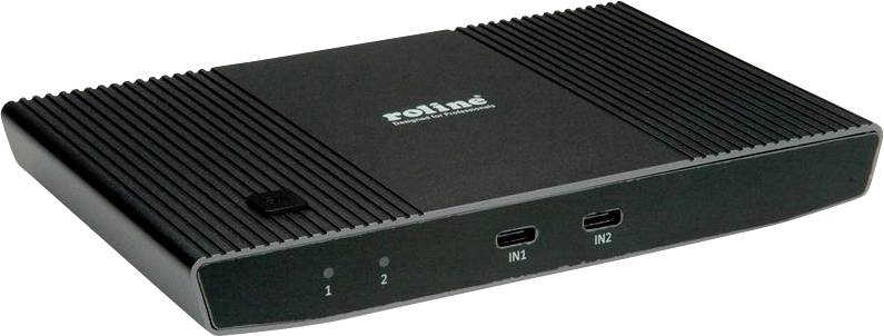 Ein schwarzes digitales Gerät mit zwei USB-C-Anschlüssen mit den Beschriftungen „IN1" und „IN2" sowie Stromanzeigen „1" und „2" auf der Frontplatte.