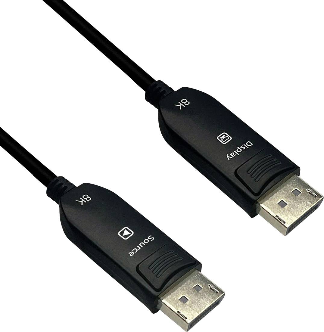 8K DisplayPort-Kabel mit zwei Anschlüssen mit den Bezeichnungen Quelle und Display, entwickelt für die Übertragung von hochauflösenden Video- und Audiosignalen.