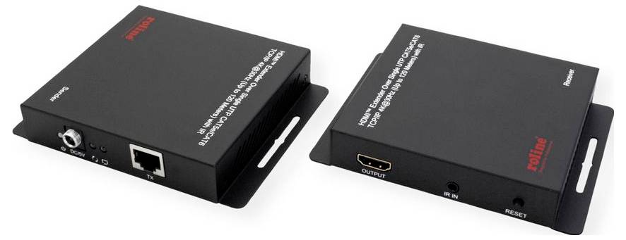 HDMI-über-Ethernet-Extender-Set mit zwei schwarzen Boxen, beschriftet mit „Sender" und „Empfänger". Verfügt über Anschlüsse für HDMI, Ethernet und Stromversorgung.
