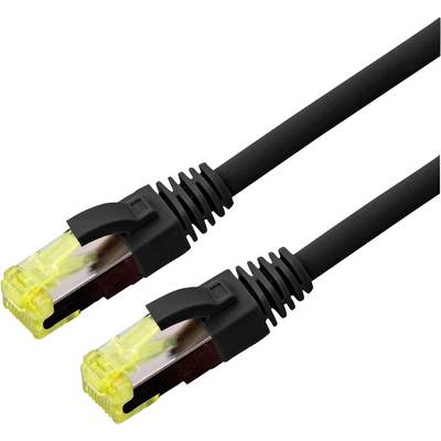 Zwei schwarze Ethernet-Kabel mit gelben Steckern, die für Netzwerkverbindungen verwendet werden, parallel zueinander auf weißem Hintergrund positioniert.