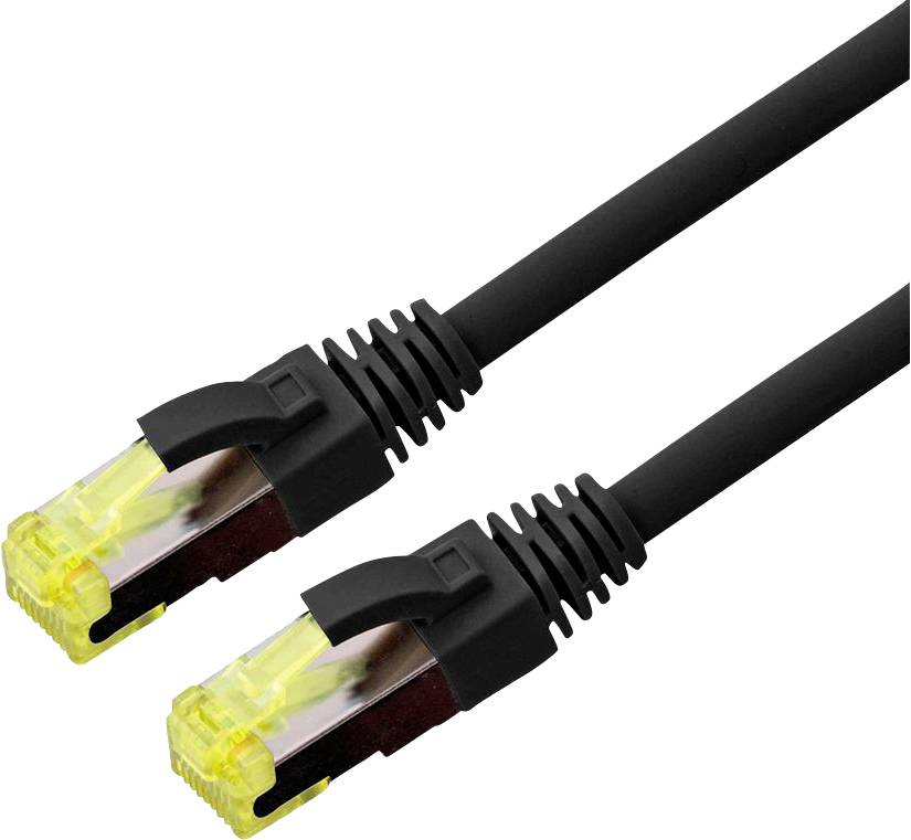 Zwei schwarze Ethernet-Kabel mit gelben Steckern, nebeneinander positioniert, wobei die Steckerenden für die Netzwerkverbindung hervorgehoben werden.