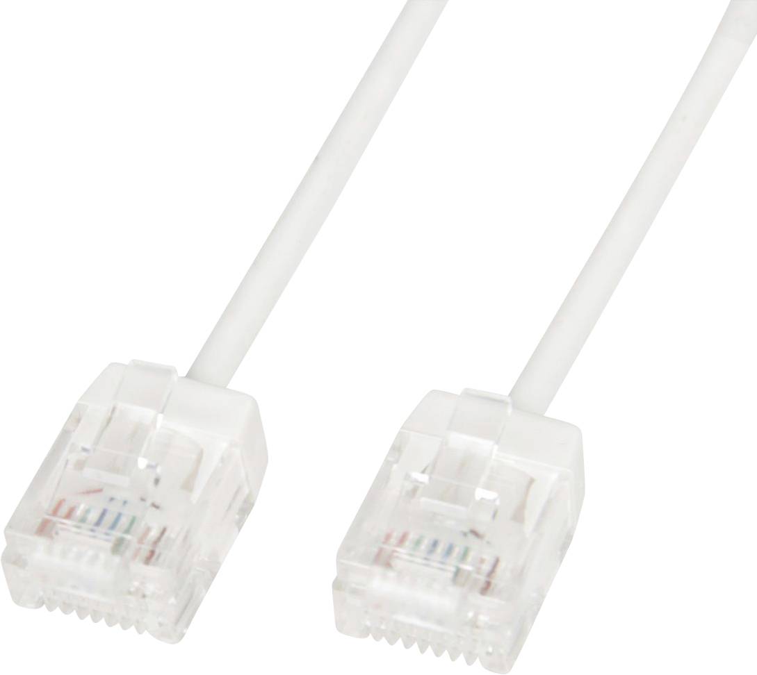Zwei weiße Ethernet-Kabel mit transparenten Steckern auf weißem Hintergrund, die für Netzwerkverbindungen verwendet werden.