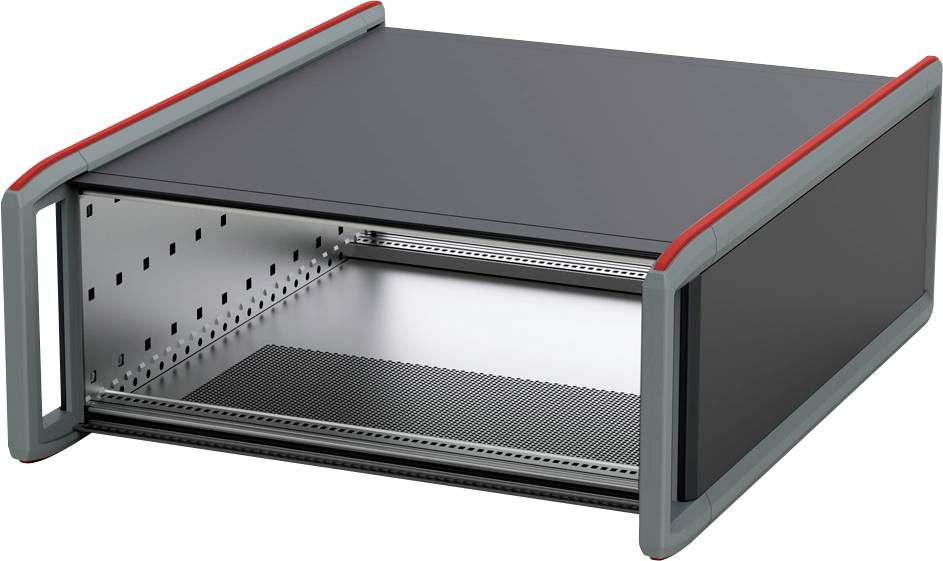 Ein rechteckiger Metallgehäuse mit offener Vorderseite und roten Akzenten, das zur Unterbringung von elektronischen Komponenten oder Geräten verwendet wird.