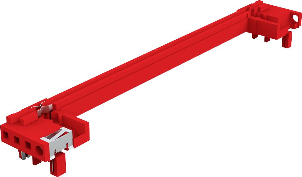 Rotes 3D-Modell eines mechanischen Hebelarms mit metallischen Komponenten an den Gelenken.