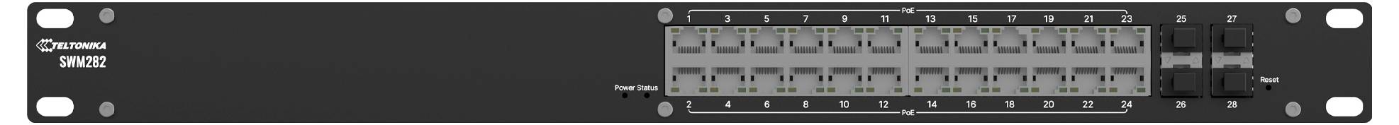 Ein Netzwerk-Switch mit mehreren Anschlüssen, beschriftet mit „Fortinet" und „Secure", von vorne dargestellt, was auf Konnektivitätsfunktionalität hinweist.