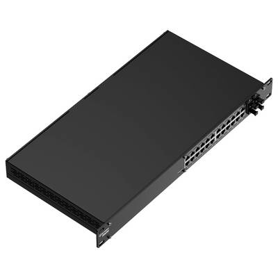 Ein schlankes, rechteckiges, silbernes elektronisches Gerät mit zwei sichtbaren Ethernet-Anschlüssen auf der Vorderseite und einem digitalen Display auf der linken Seite.