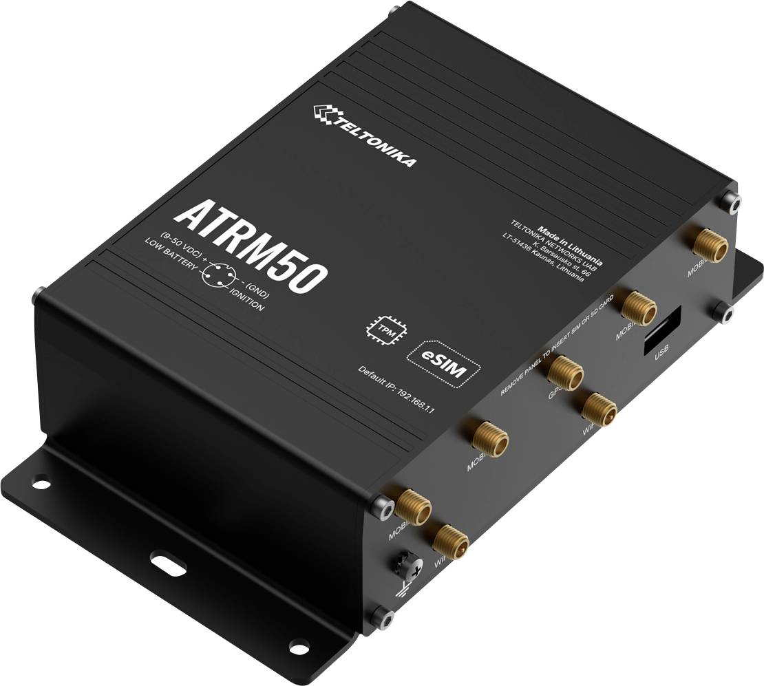Schwarzer Teltonika ATRM50 Industrial-Router/Modem mit mehreren vergoldeten Antennenanschlüssen und Befestigungshalterung, gezeigt in Produktansicht auf weißem Hintergrund