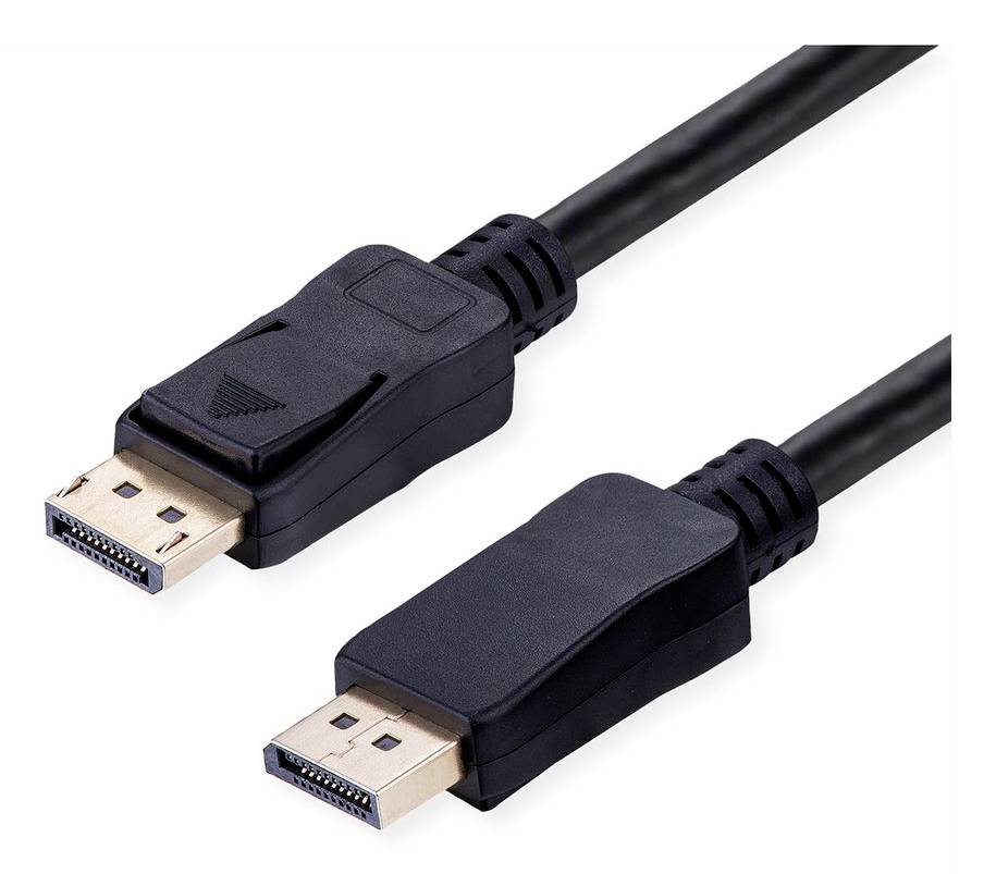 „DisplayPort-Kabel" zeigt zwei Steckverbinder mit schwarzem Gehäuse und Metallkontakten, die zur Übertragung von Video- und Audiosignalen verwendet werden.