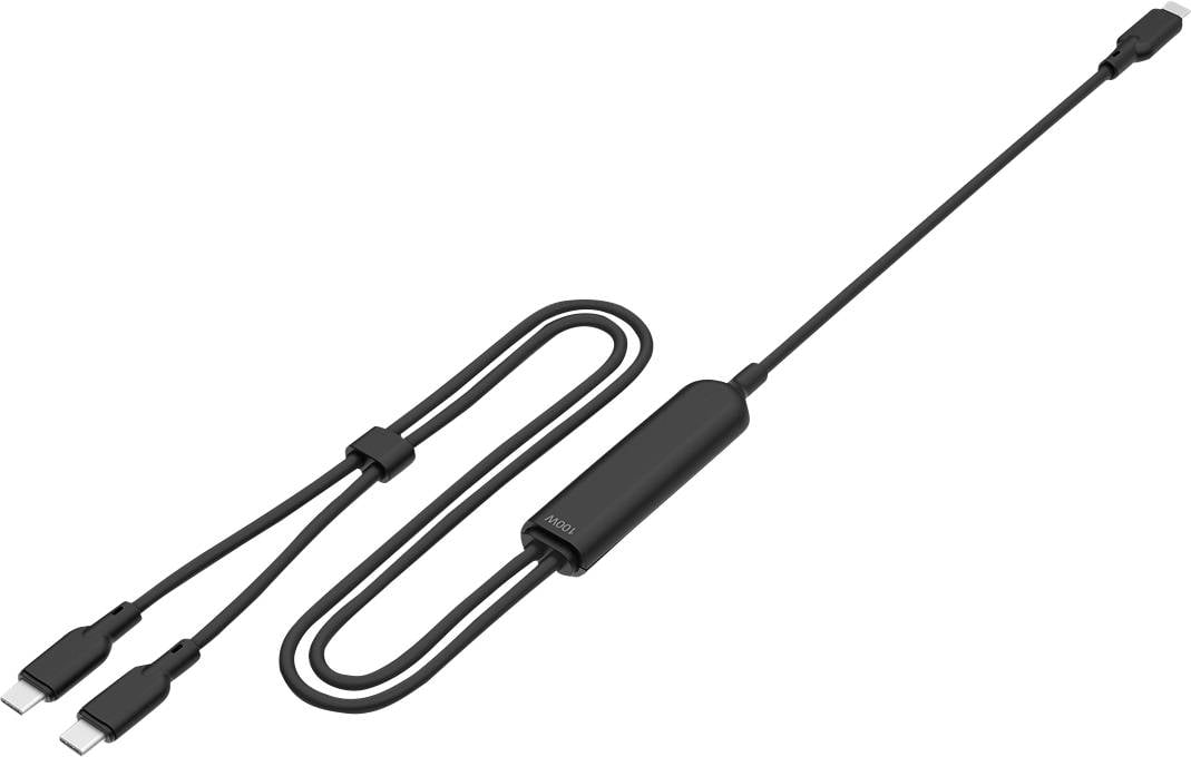 Schwarzes USB-C-Kabel mit einem integrierten Steuermodul und zwei USB-C-Anschlüssen, dargestellt auf weißem Hintergrund.