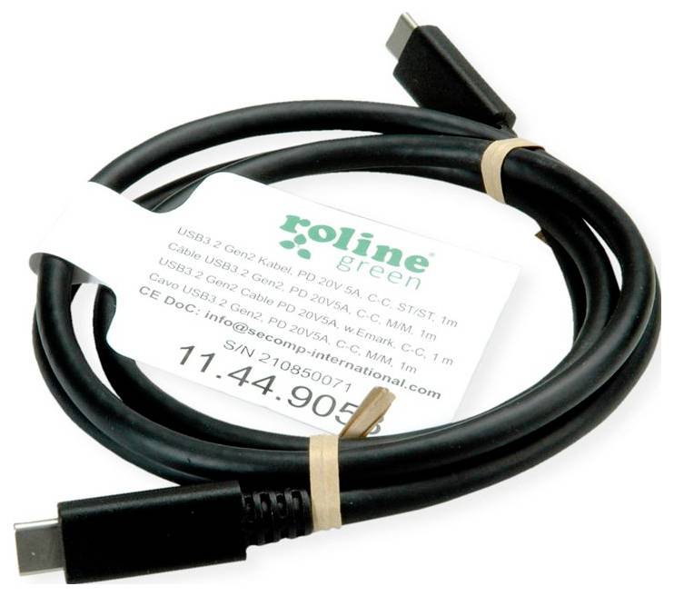 Schwarzes USB-C-Kabel mit angebrachtem Etikett, das Produktspezifikationen auflistet, einschließlich „USB 3.2 Gen2 2. Gen2, PD 20V, 5A, E-E, C-C, 1M, 1m".