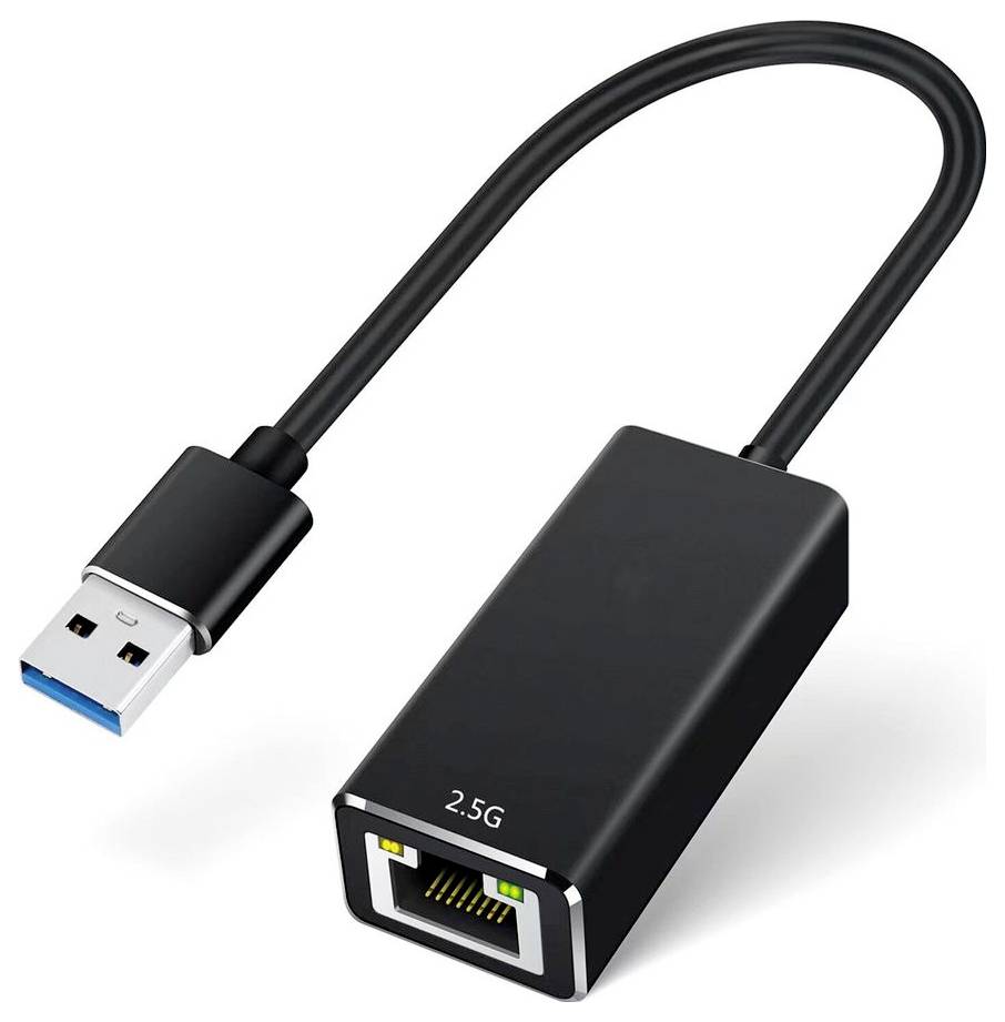 Schwarzer USB-3.0-auf-2,5G-Ethernet-Adapter mit kurzem Kabel, mit USB-Stecker auf der einen Seite und einem mit 2,5G beschrifteten Ethernet-Anschluss auf der anderen Seite.