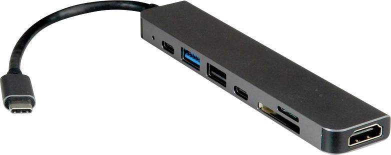 Ein schwarzer USB-C-Hub mit HDMI-, USB-, microSD-, SD-Kartensteckplätzen und anderen Anschlüssen auf einem kurzen Kabel.