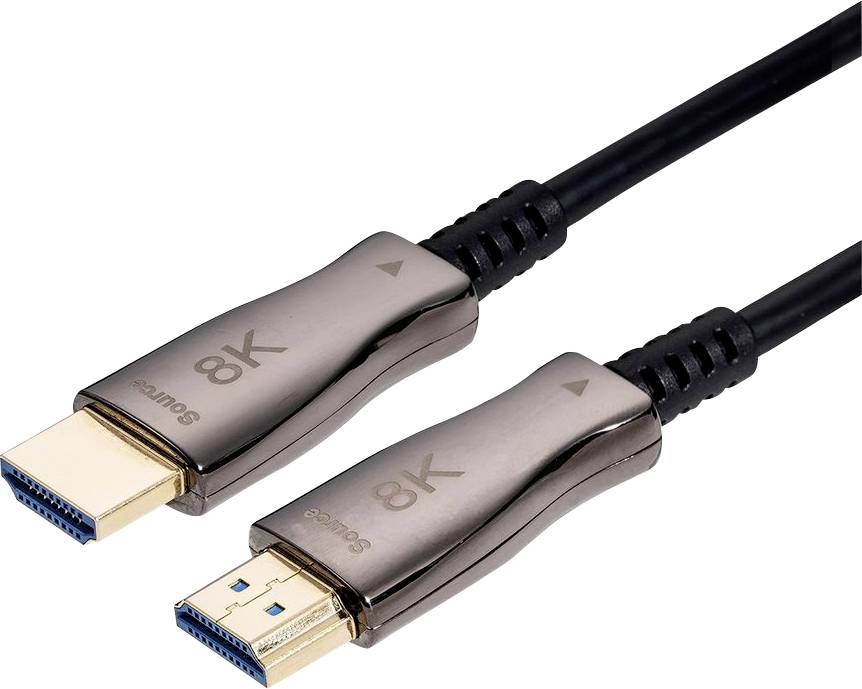 Zwei vergoldete HDMI-Kabel mit der Bezeichnung „8K", die für hochauflösende Videoverbindungen konzipiert sind, mit sichtbaren blauen Anschlüssen und schwarzen Kabeln.