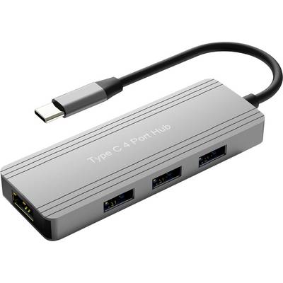 Ein grauer „Type C 4 Port Hub" mit einem USB-C-Anschluss und vier USB-Anschlüssen an der Seite, entwickelt zur Erweiterung der Konnektivitätsoptionen für Geräte.
