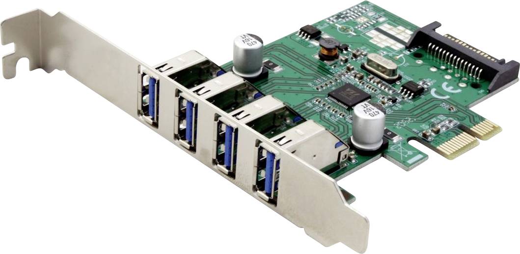 Eine grüne PCIe-Erweiterungskarte mit vier USB 3.0-Anschlüssen und Schaltungskomponenten zum Hinzufügen zusätzlicher USB-Verbindungen zu einem Computersystem.