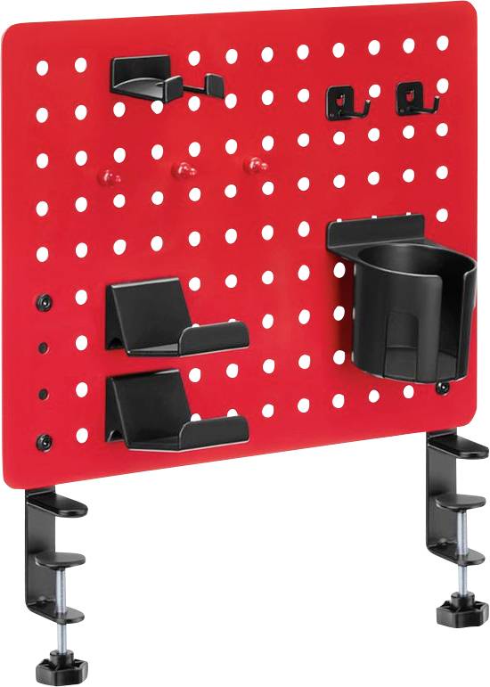 Eine rote durchlochte Tafel mit schwarzen Klammern und Haltern zur Werkzeugorganisation, an der Wand mit verstellbaren Halterungen montiert.
