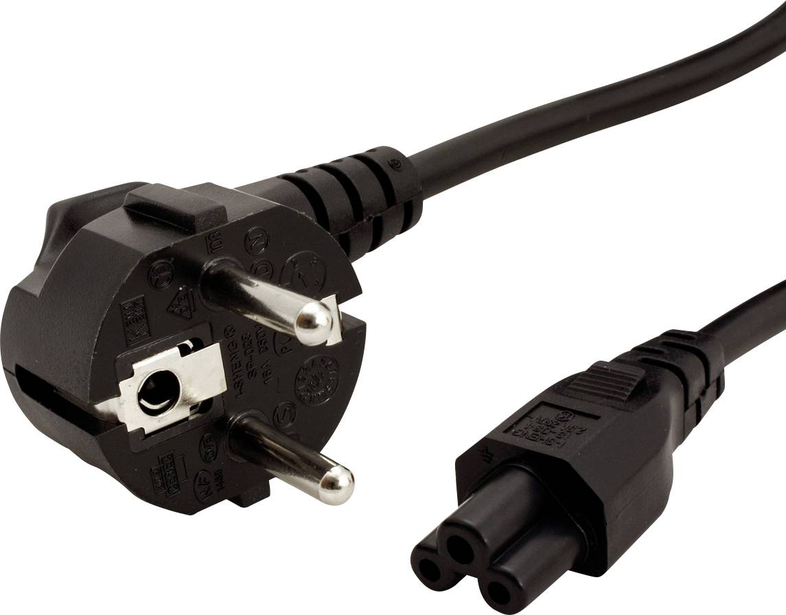Ein europäisches Stromkabel mit einem europäischen CEE 7/7 Schuko-Stecker auf der linken Seite und einem Achterverbinder auf der rechten Seite.