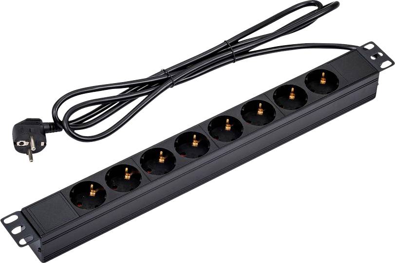 Eine schwarze Steckdosenleiste mit sechs Buchsen und einem angebrachten Stecker auf einem spiralförmigen Kabel.