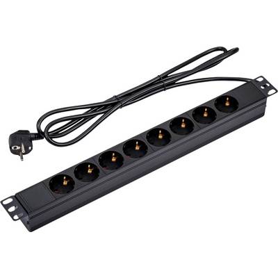 Eine schwarze Steckdosenleiste mit sechs Buchsen und einem angebrachten Stecker auf einem spiralförmigen Kabel.
