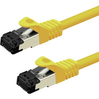 Zwei gelbe Ethernet-Kabel mit schwarzen und silbernen Steckern, nebeneinander, auf einem einfachen Hintergrund.
