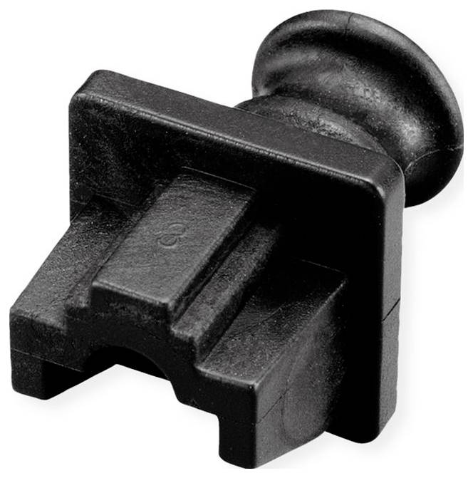 Eine schwarze Kunststoffklemme zum Befestigen oder Sichern von Gegenständen, mit abgerundeter Oberseite und flachem Boden mit einer Öffnung zum Greifen.