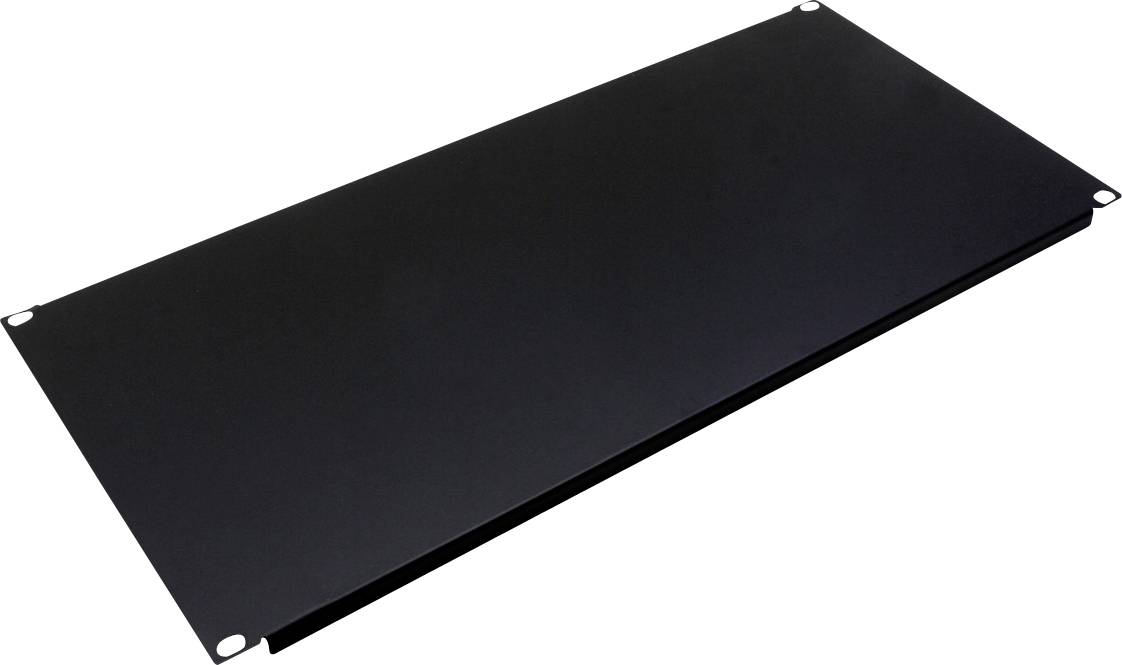 Ein schwarzes Metall-Blindfeld mit vier Befestigungslöchern an den Ecken, entwickelt zum Abdecken ungenutzter Plätze in einem Rack-Gehäuse.