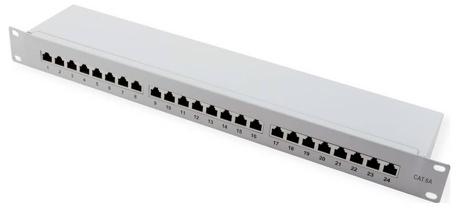 Ein 24-Port-CAT6A-Patchfeld mit nummerierten Ethernet-Anschlüssen; entwickelt für die Verwaltung von Netzwerkkabeln und Konnektivität in Server-Racks.