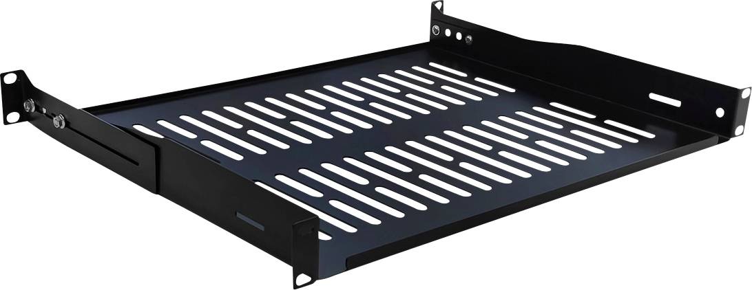 Ein schwarzes Metall-Serverregal mit belüfteten Schlitzen, das zum Einbau elektronischer Geräte in einem standardisierten 19-Zoll-Rack konzipiert ist.