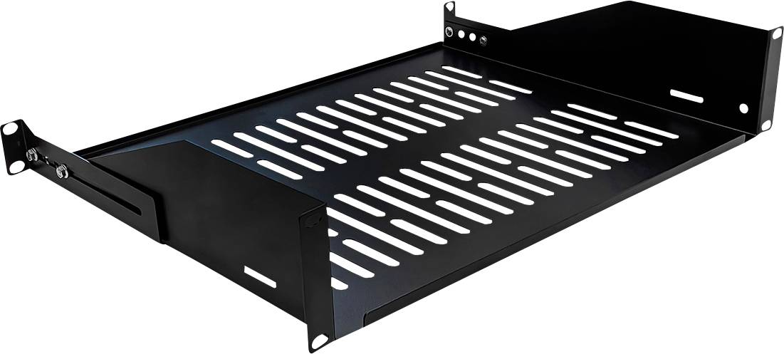 Ein schwarzer belüfteter Regalregal mit Montageklammern auf beiden Seiten, geeignet zur Unterstützung von Geräten in Serverracks oder Schränken.