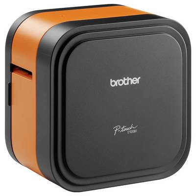 „Brother P-touch" Etikettendrucker in Schwarz und Orange, kompaktes Design geeignet für private oder bürobezogene Etikettierungsanforderungen.