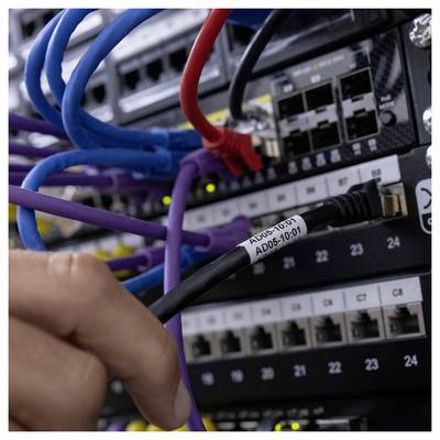 Eine Person verbindet ein schwarzes Netzwerkkabel mit der Bezeichnung „AD05-10-01" mit einem Serverrack, das mit verschiedenfarbigen Kabeln und Schaltern gefüllt ist.