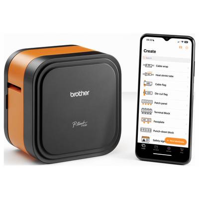 Ein Brother-Etikettendrucker neben einem Smartphone, das eine Etikett-Design-App mit Optionen für verschiedene Arten von Etiketten anzeigt.