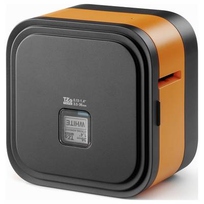 Ein kompakter, quadratischer Etikettendrucker in Schwarz und Orange mit einer seitlichen Öffnung, geeignet für verschiedene Druckanforderungen.