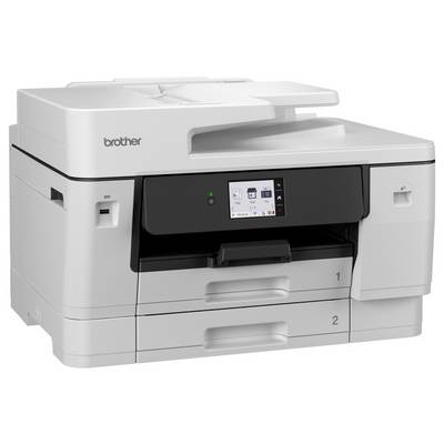 Ein weißer Multifunktionsdrucker mit zwei Papierfächern, beschriftet mit „1" und „2". Abmessungen: 576 mm breit, 477 mm tief, 375 mm hoch. Gewicht: 23,90 kg.